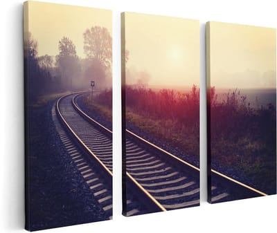 Artaza Canvas Schilderij Drieluik Spoorweg Rails Tijdens De Herfst Met Mist - 120x80 - Foto Op Canvas - Canvas Print