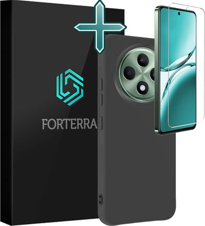 Hoesje Met Screenprotector - Geschikt voor Oppo Reno 12 F - Sterk & Shockproof - Telefoon Hoes - Back Cover - Siliconen Case - Zwart