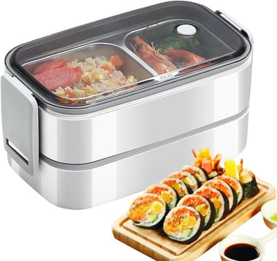 KZQ roestvrijstalen lunchbox - Dubbellaagse bentobox met gaas, lekvrij, geschikt voor de magnetron - Geschikt voor school, werk, reizen en kamperen - 20 x 11 x 12 cm - Wit