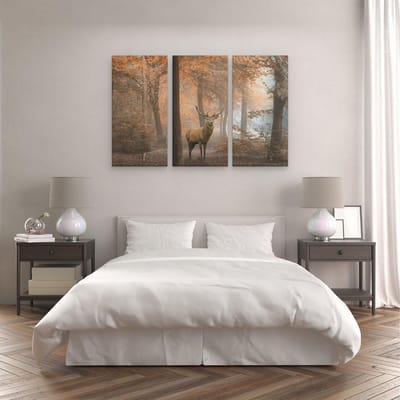 Artaza Canvas Schilderij Drieluik Hert In Het Bos - Herfst - 120x80 cm - Wanddecoratie Woonkamer - Schilderijen - Muurdecoratie