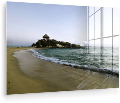 ® Glasschilderij 180x120 cm - Schilderij acrylglas - Rustig Caraïbisch strand in de ochtend bij Santa Marta in Colombia - Foto op glas - Muurdecoratie woonkamer - Wanddecoratie slaapkamer - Schilderijen