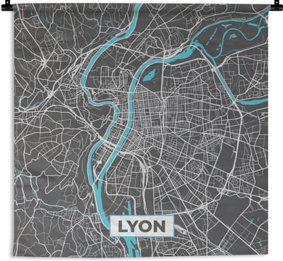 Wandkleed - Wanddoek - Lyon - Kaart - Stadskaart - Plattegrond - Frankrijk - 180x180 cm - Wandtapijt
