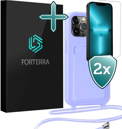 Hoesje Geschikt voor iPhone 13 Pro Pashouder Case Siliconen Hoes Met Koord Met 2x Screenprotector - Hoes Geschikt voor iPhone 13 Pro Met Telefoonkoord Hoesje Back Cover Met Pasjeshouder - Lila