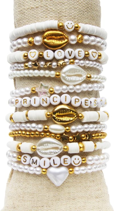 Principessa Parel trendbox – Parel, wit en goud – Acryl (zoetwater) parels, Letterkralen, Smileys, Katsukikralen, Kaurischelpen, Acrylkralen – 917 kralen en andere artikelen