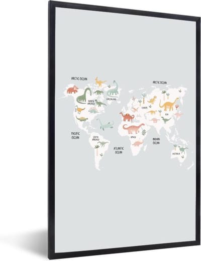 Fotolijst incl. Poster - Wereldkaart - Kind - Dino - 20x30 cm - Posterlijst