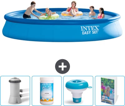Intex Rond Opblaasbaar Easy Set Zwembad - 457 x 84 cm - Blauw - Inclusief Pomp Chloor - Chloordrijver - Zwembadgids
