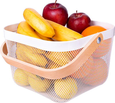 QUVIO Draagbare mand - Draadmand - Mand staaldraad - Witte opbergmand - Fruitmand - Witte mand - Met houten handvat - Metaal - Wit