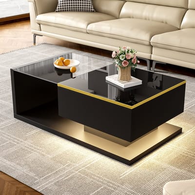 REDOM Salontafel 90x50x32,5 cm van spaanplaat en glas, met open vak en LED-verlichting
