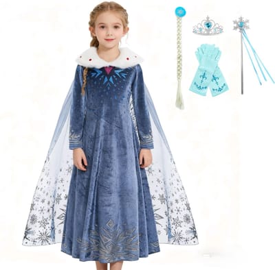 Joya Kids® ijsprinses Jurk Winter met Bontkraag Donker Blauw | Warme Glamour Winterjurk met sleep | Inclusief Accessoires Set | Luxe Prinsessenjurk meisje | Jurk Verkleedjurk Fluweel | Maat 110
