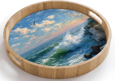 Dienblad rond 40x40 cm - Schootdienblad hout - Zee - Golven - Rotsen - Meeuwen - Borrelplank rechthoek - Plateau houten dienbladen