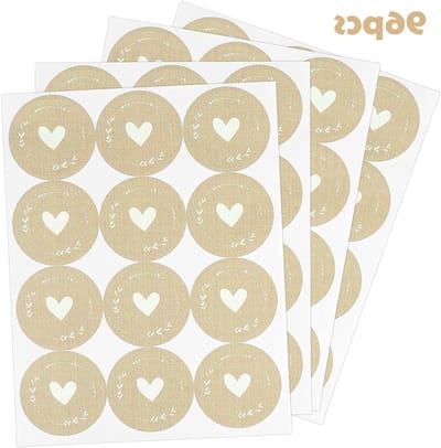 Ronde Kraft Papieren Cadeau Stickers van 5 cm - 96 Stuks Zelfklevende Labels voor Enveloppen, Huwelijken en Inmaakpotten met Hart en Jute Look