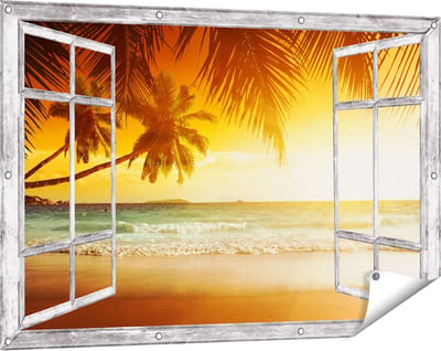 Gards Tuinposter Doorkijk Tropisch Strand tijdens Zonsondergang - 120x80 cm - Tuindoek - Tuindecoratie - Wanddecoratie buiten - Tuinschilderij
