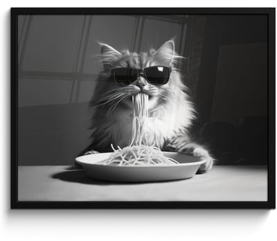Poster in lijst - Fotolijst 70x50 cm - Posters - Langharige kat - Zonnebril - Spaghetti - Humor - Zwart - wit - Posterlijst zwart - Decoratie - Wanddecoratie woonkamer - Muurdecoratie slaapkamer