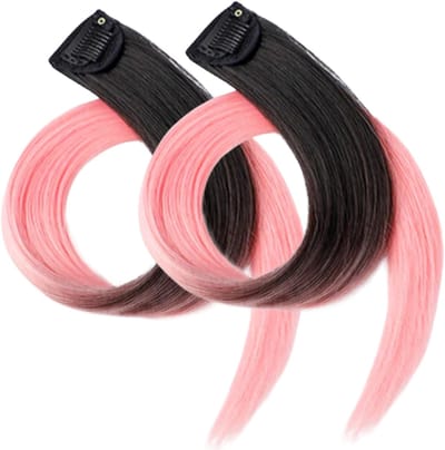 2 x Clip-in Hairextension STIJL 60cm - OMBRE ZWART naar ROZE - #O60 - nephaar - Hair extension | haar extensie - kleurverloop extensions - gekleurde clip-in extensions - roze nep haar