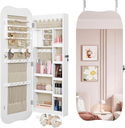 Sieradenkast Met Spiegel - Wandkast Opbergkast - Sieraden Organiseren - Ingebouwde Ledverlichting - 42 x 108 cm - Wit