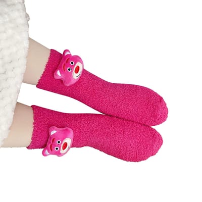 Chaussettes moelleuses Décoration de dessin animé mignon Confortable Tendance Polaire corail Hiver Chaussettes chaudes pour la maison Sommeil Type 1 Taille 32 à 42 pink