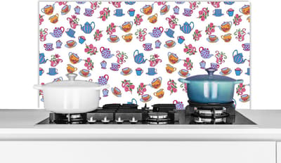 Spatscherm keuken 100x50 cm - Kookplaat achterwand Patronen - Thee - Rozen - Theepot - Muurbeschermer - Spatwand fornuis - Hoogwaardig aluminium