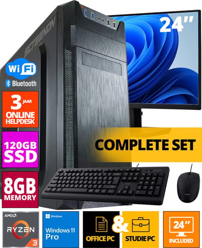 Budget Office PC SET - AMD Ryzen 3 - 120GB M.2 SSD - 8GB RAM - Radeon RX Vega 8 ( 24 Inch Monitor | Muis | Toetsenbord) + WiFi & Bluetooth