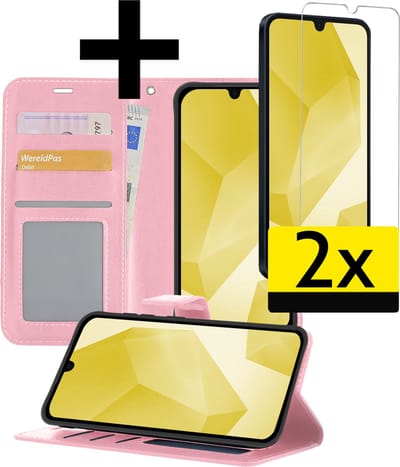 Hoesje - Met 2x Screenprotector - Geschikt voor Samsung Galaxy A16 - Luxe Pasjeshouder - Bookcase Portemonee - Flip Case - Kunstleer Book Case - Flipcase Hoes - Book Cover - Walletcase - Portemonneehoes - Telefoonhoesjes - Lichtroze