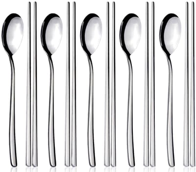 Set van 5 paar Koreaans roestvrij stalen eetstokjes en lepel, herbruikbaar, lange handgreep, voor thuis, keuken, restaurant