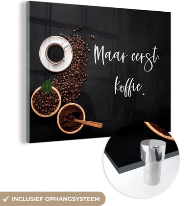 MuchoWow® Glasschilderij 120x90 cm - Schilderij acrylglas - Espressokopjes - Maar eerst koffie - Koffie - Quote - Spreuk - Foto op glas - Schilderijen