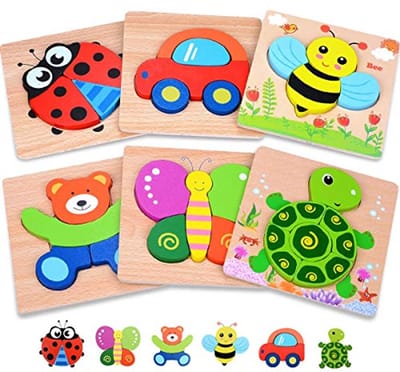 MAGIFIRE Babypuzzels 12-18 maanden - veelkleurig, 6-pack dier- en voertuigvormen met opbergtas, houten puzzels voor peuters - dikke stukken voor fijne motoriek en hand-oogcoördinatie