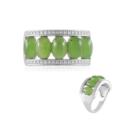 Cavill - Zilveren Ring Geplatineerd - 5 Ovale Canadese Jade Cabochons 4,222 ct - 925 Sterling Zilver - Moderne Elegante Damesring Groen
