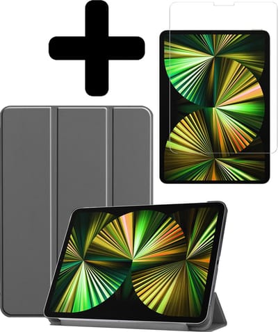 Hoesje - Geschikt voor Apple iPad Pro (2021) - 12.9 inch - Met Screenprotector - Hardcover Book Case - Trifold Bookcase Hoes - Hard Cover - Tablethoes - Grijs
