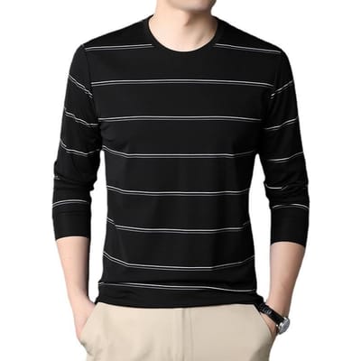 Nieuw Lente Heren T-shirt met Lange Mouwen Jong en Midden-Oud Casual Ronde Hals Dun Gestreept Basis T-shirt 4XL black