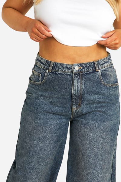 Dames Boohoo Basics Plus Hoge Taille Super Wijde Broekspijpen Jeans | Vintage Blauw | Maat: 48
