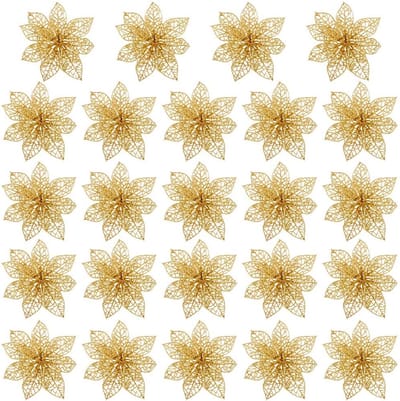 MONTKIARA 24 stuks kunstkerstbloemen voor kerstboom ornamenten decoratie glitter kerstbloemen Kerstmis kunstbloemen kerstboomversiering voor feestdecoratie Ø 15 cm goud