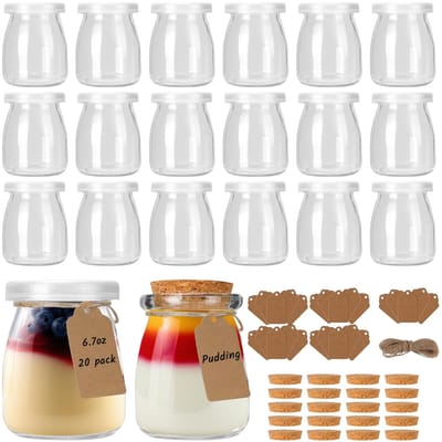 Dailygoods- Yoghurtglazen 190ml - 20 Stuks - Transparante Dessertglazen - Jampotjes met Etiketten - Pudding Glazen - Inclusief Deksel en Koord