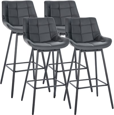 CLP Barkrukken Weston - Set van 4 - 180° Draaibaar met Auto-Return - Met Rugleuning - Gevoerde Zitting - Metalen Onderstel - zwart/grijs