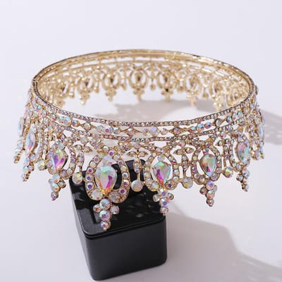 Barokke Kristallen Bruiloft Kroon Haar Sieraden Bruids Hoofdtooi Koningin Koning Bruid Tiara Cirkel Diadeem Voor Feest Hoofd Ornamenten beige