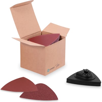VONROC Schuurpapier & Delta schuurpad set – 80/82mm - 50 vellen met korrel 60, 80, 100, 120 en 140 - Universeel