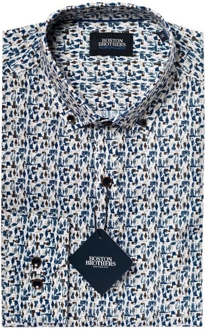 Boston Brothers heren blouse - overhemd 1007- navy/bruin print - LM - maat M