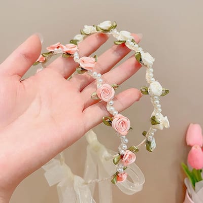 Bloemenkrans haarband, roze & beige haarband voor dames, met parelversiering en kleine rozen, geschikt voor dirndl, voor feestjes, bruiloften en reizen