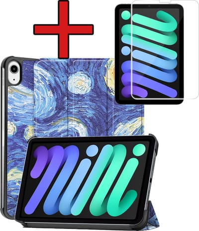 Hoesje - Geschikt voor Apple iPad Mini 7 (2024) - 8.3 inch - 7e Generatie - Met Screenprotector - Hardcover Book Case - Trifold Bookcase Hoes - Hard Cover - Tablethoes - Sterrenhemel