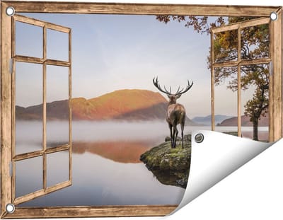Gards Tuinposter Doorkijk Hert bij een Meer - 60x40 cm - Tuindoek - Tuindecoratie - Wanddecoratie buiten - Tuinschilderij