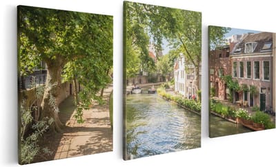 Artaza Canvas Schilderij Drieluik Oudegracht In Utrecht  - 120x60 - Foto Op Canvas - Canvas Print