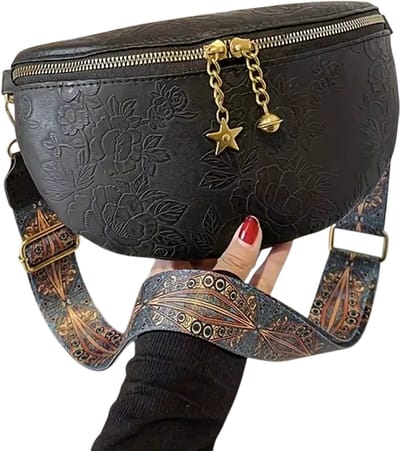 Retro Bloemen Schoudertas Dames – Crossbody Tas, Vintage Handtas, Etnische Stijl Tas voor Dagelijks Gebruik en Reizen - Zwart