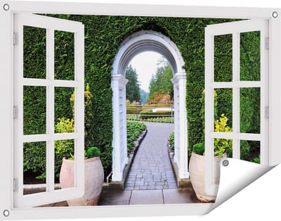 Gards Tuinposter Doorkijk Doorkijk met Potten - 90x60 cm - Tuindoek - Tuindecoratie - Wanddecoratie buiten - Tuinschilderij