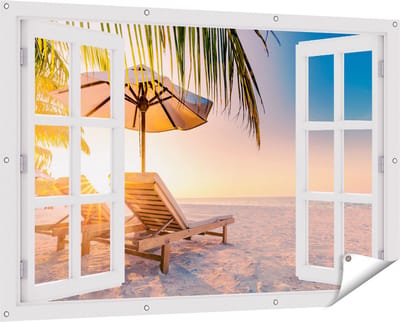 Gards Tuinposter Doorkijk Tropisch Strand tijdens Zonsondergang - 150x100 cm - Tuindoek - Tuindecoratie - Wanddecoratie buiten - Tuinschilderij