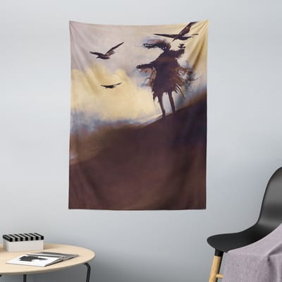 ABAKUHAUS Gotisch wandtapijt en sprei, griezelige stroman en kraai, 110 x 150 cm, donkerbruin en paars.