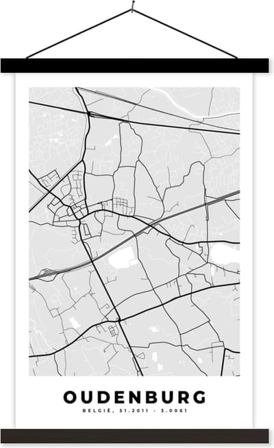Posterhanger incl. Poster 40x60 cm - Schoolplaat - Stadskaart – Zwart Wit - Kaart – Oudenburg – België – Plattegrond - Textielposter - Zwarte latten - Stadskaart