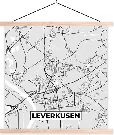 Posterhanger incl. Poster 40x40 cm - Schoolplaat - Duitsland - Kaart - Stadskaart - Plattegrond - Leverkusen - Textielposter - Blanke latten - Stadskaart