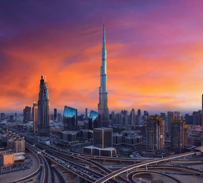 Het Dubai Business Center tijdens zonsondergang - Fotobehang (in banen) - 250 x 260 cm