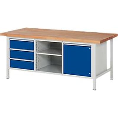 Werkbank serie 8563, 3 schuiflades, 1 legbord, deur met legbord, T 900 mm