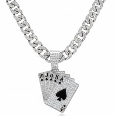 Zilverkleurige schakelketting met kaartspel hanger – ketting voor heren – met strassstenen – fantasiehanger – brede schakels