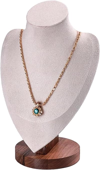Ketting display buste - Sieraden standaard - Sieraden presenteren - Fluweel en walnoot - 26 cm hoog - Beige